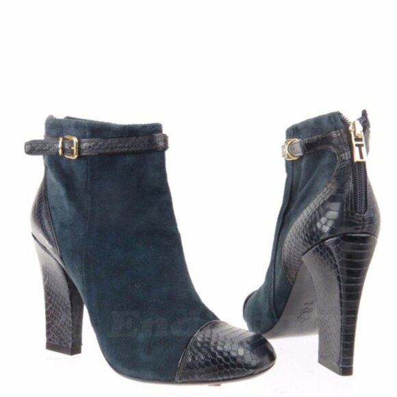 Tory Burch Gracie Navy Leather Suede Ankle Boots - Picture 1 of 12